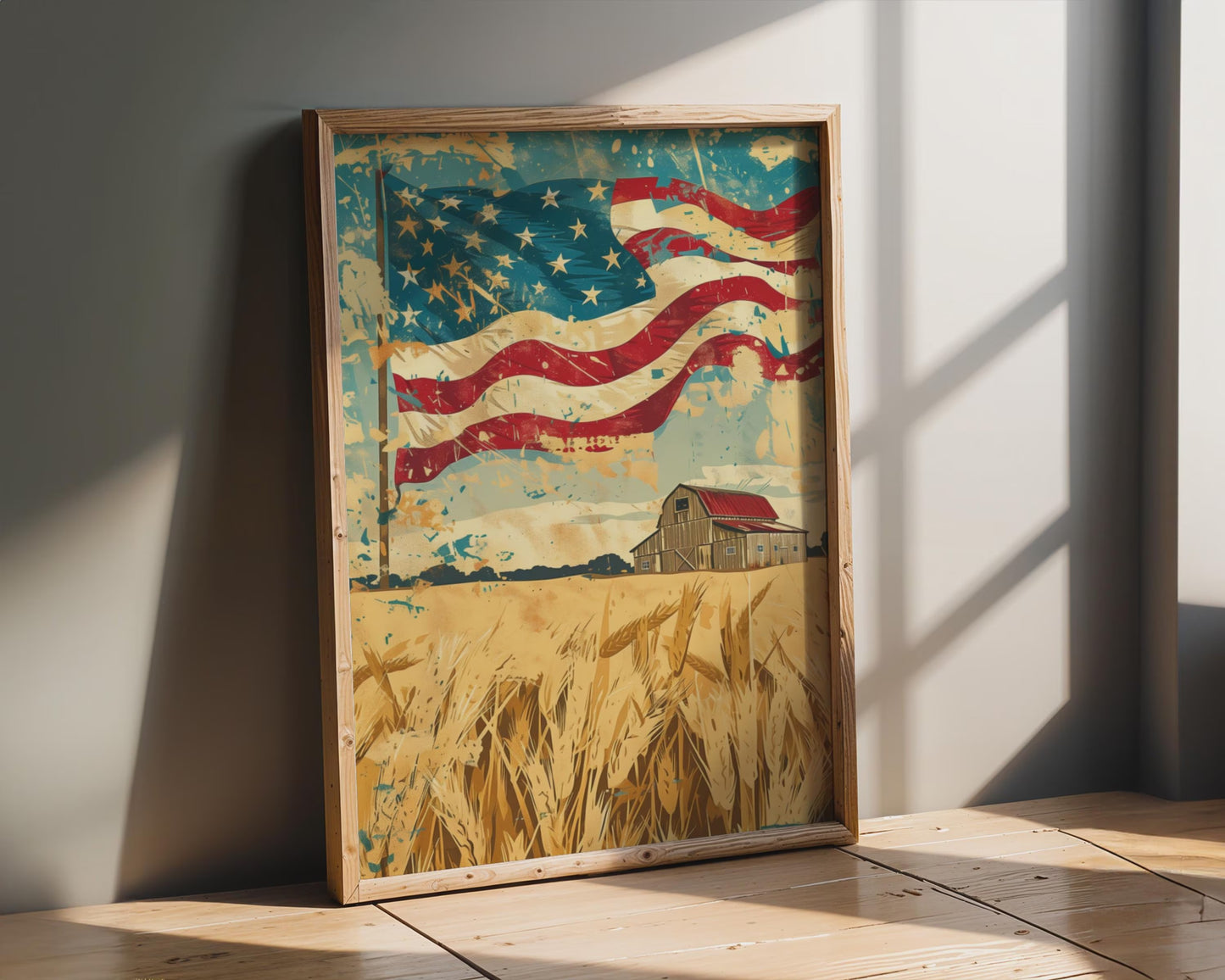 Rustic American Flag Barn Canvas Wall Art, Golden Farmhouse Patriotic Deco