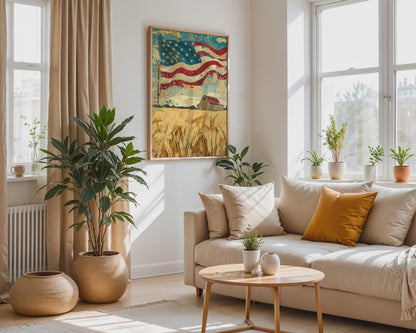 Rustic American Flag Barn Canvas Wall Art, Golden Farmhouse Patriotic Deco