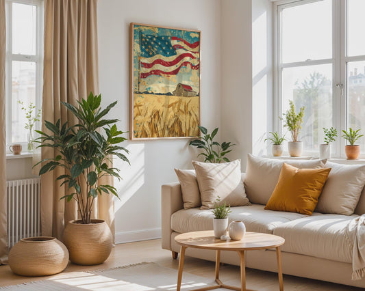 Rustic American Flag Barn Canvas Wall Art, Golden Farmhouse Patriotic Deco