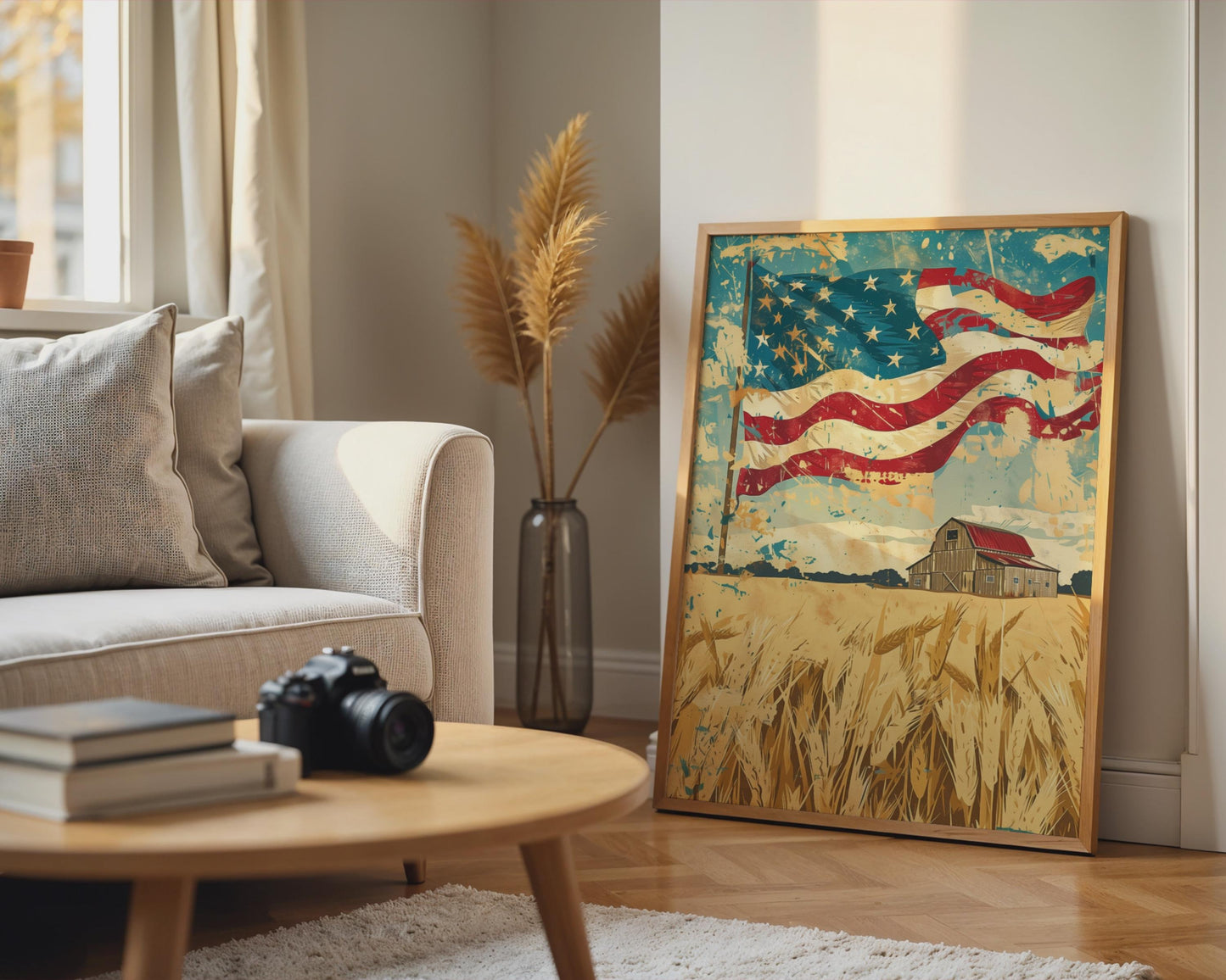 Rustic American Flag Barn Canvas Wall Art, Golden Farmhouse Patriotic Deco