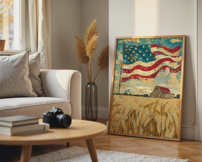 Rustic American Flag Barn Canvas Wall Art, Golden Farmhouse Patriotic Deco