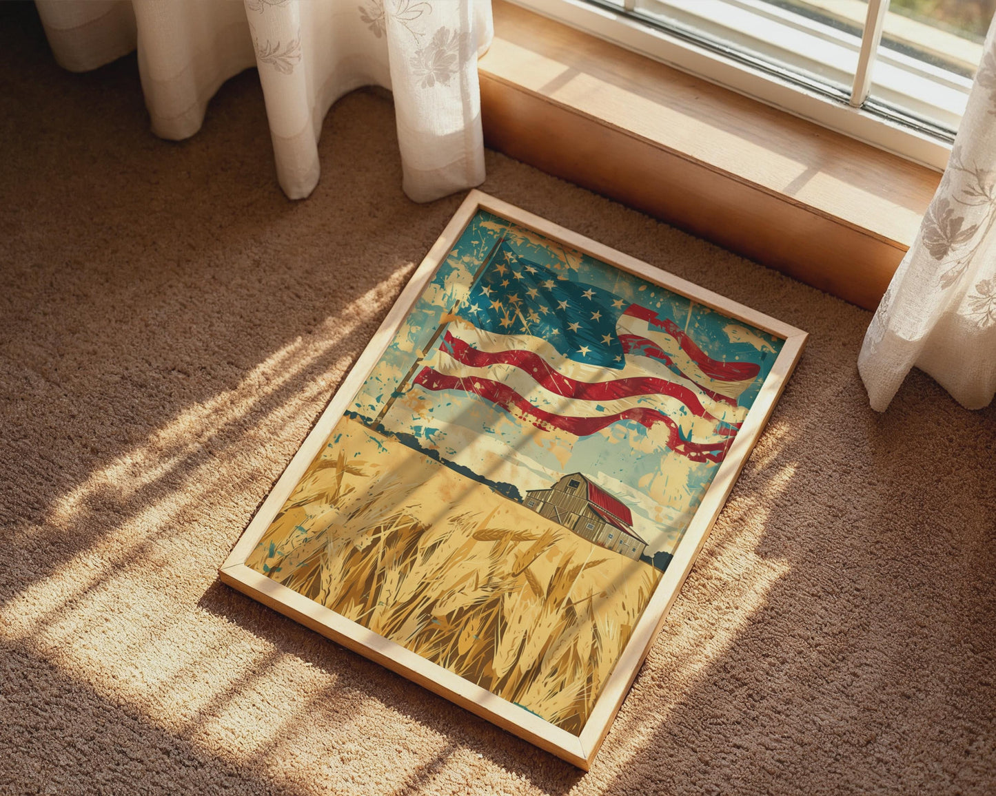 Rustic American Flag Barn Canvas Wall Art, Golden Farmhouse Patriotic Deco