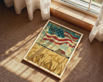 Rustic American Flag Barn Canvas Wall Art, Golden Farmhouse Patriotic Deco
